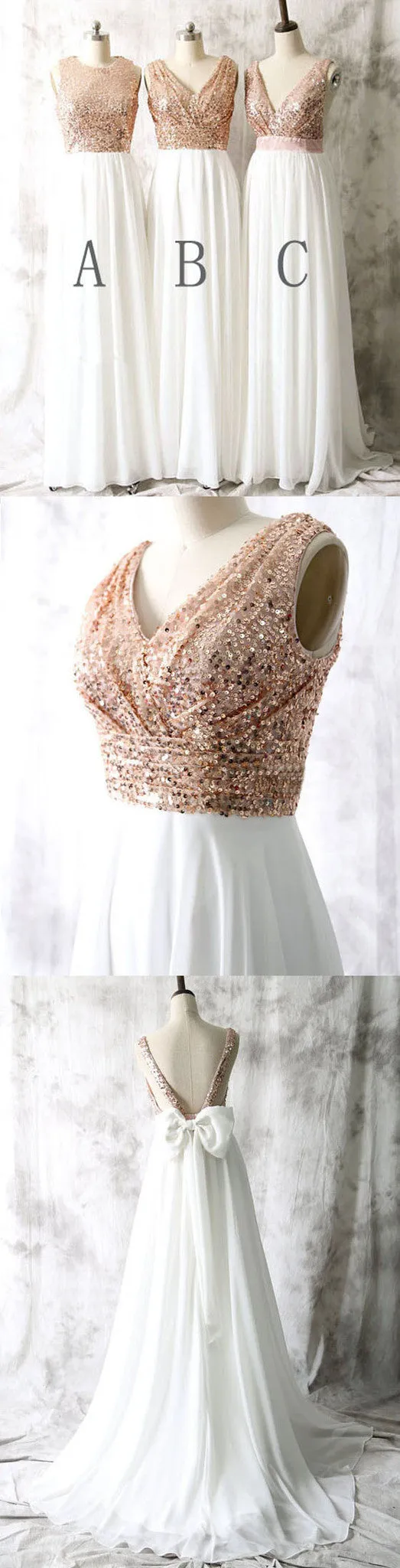 Mismatched Different Styles Sequin Top White Chiffon Sleeveless On Sale Long Bridesmaid Dresses For Wedding, WG17