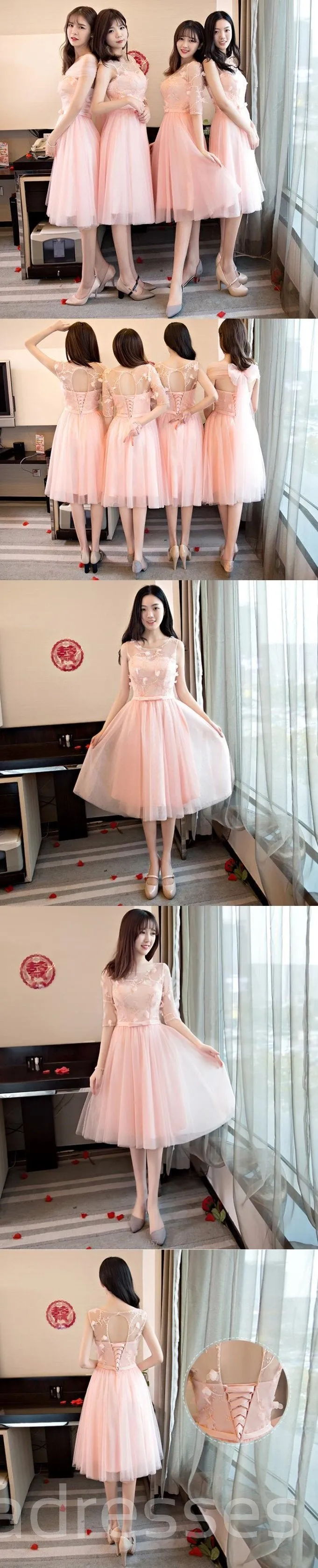 Mismatched Peach Lace Short Bridesmaid Dresses, Bridesmaid Dresses,BD021