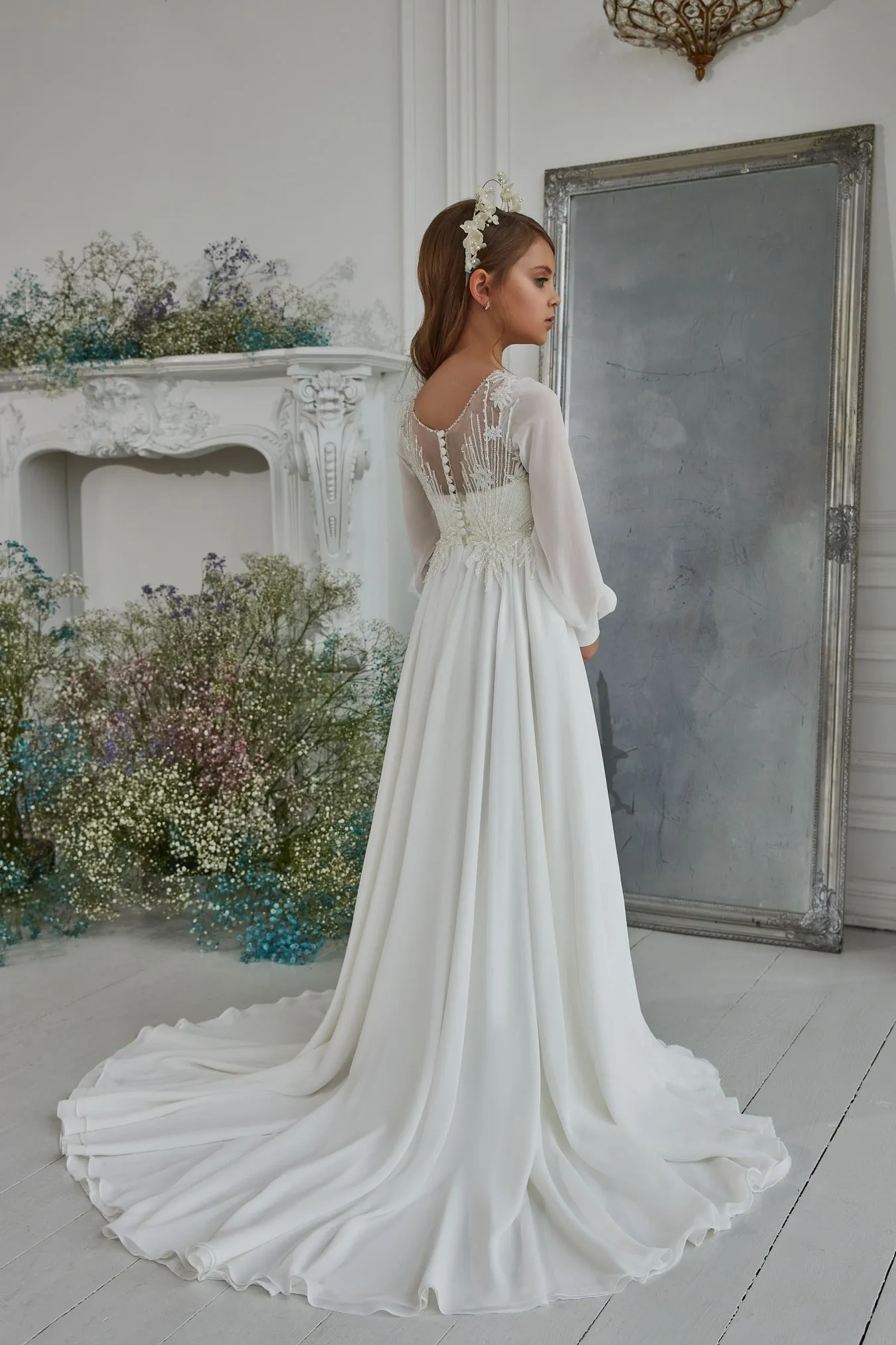 Modest First Communion Dress with Long Bishop Sleeves