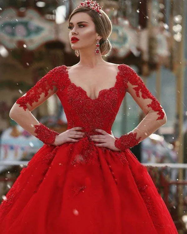 Modest Red Lace Quinceanera Dresses with Full Sleeve Beaded Lace Puffy Tulle Ruffles Ball Gowns Sweet 16 Dress 2018