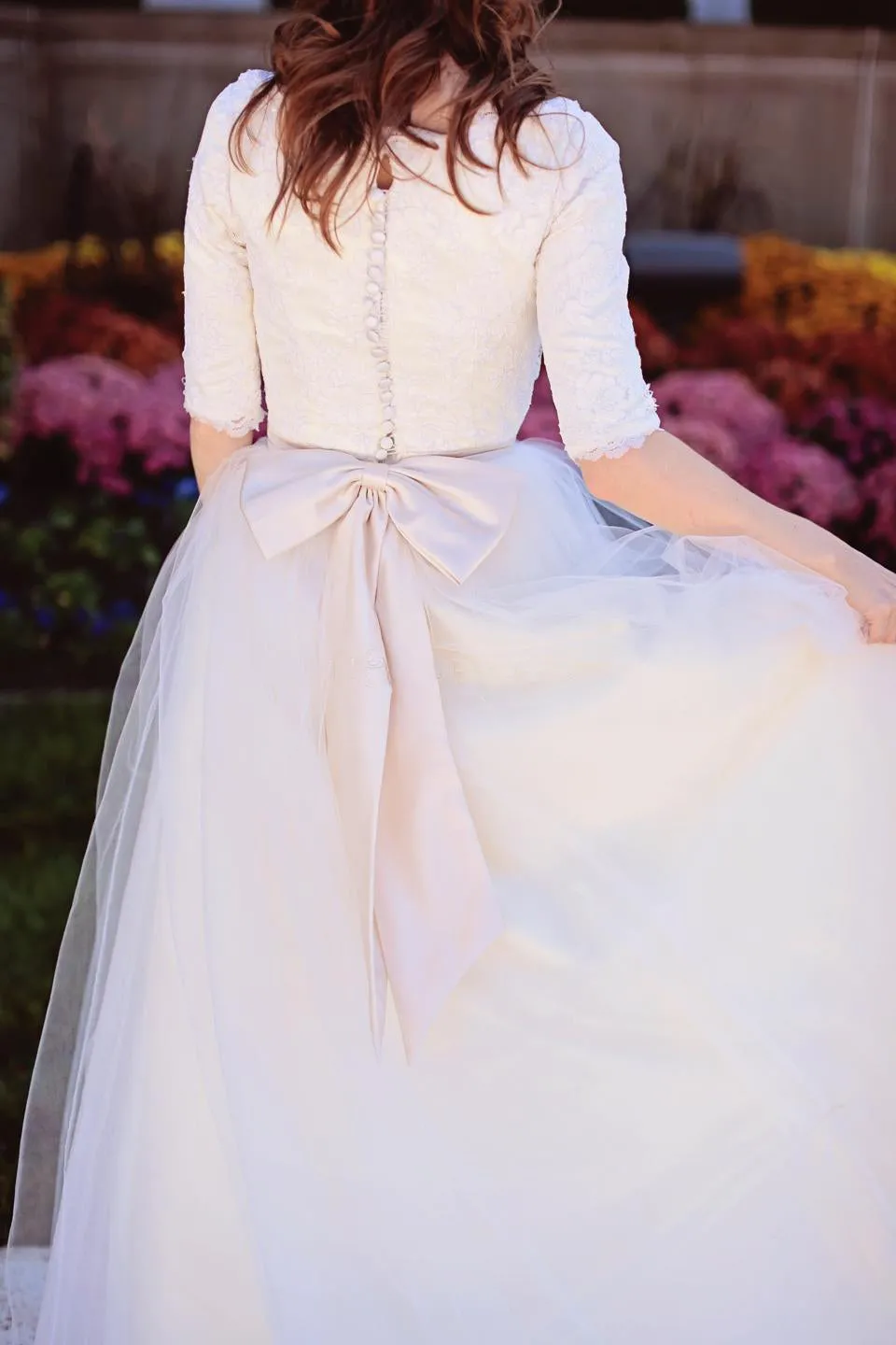 Modest Simple Scoop Lace Tulle Wedding Dress with Elbow Sleeves-715368