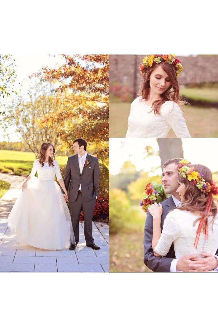 Modest Simple Scoop Lace Tulle Wedding Dress with Elbow Sleeves-715368