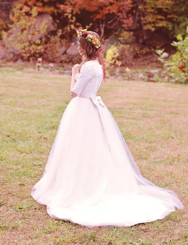 Modest Simple Scoop Lace Tulle Wedding Dress with Elbow Sleeves-715368