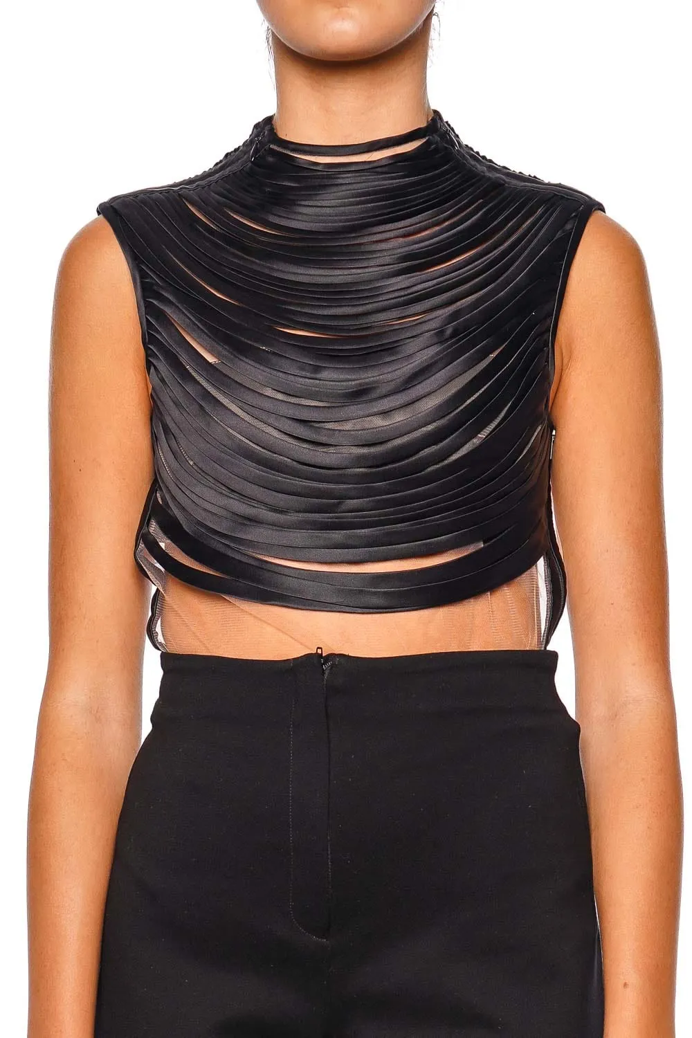 Monasteria Black Draped Mesh Bodysuit
