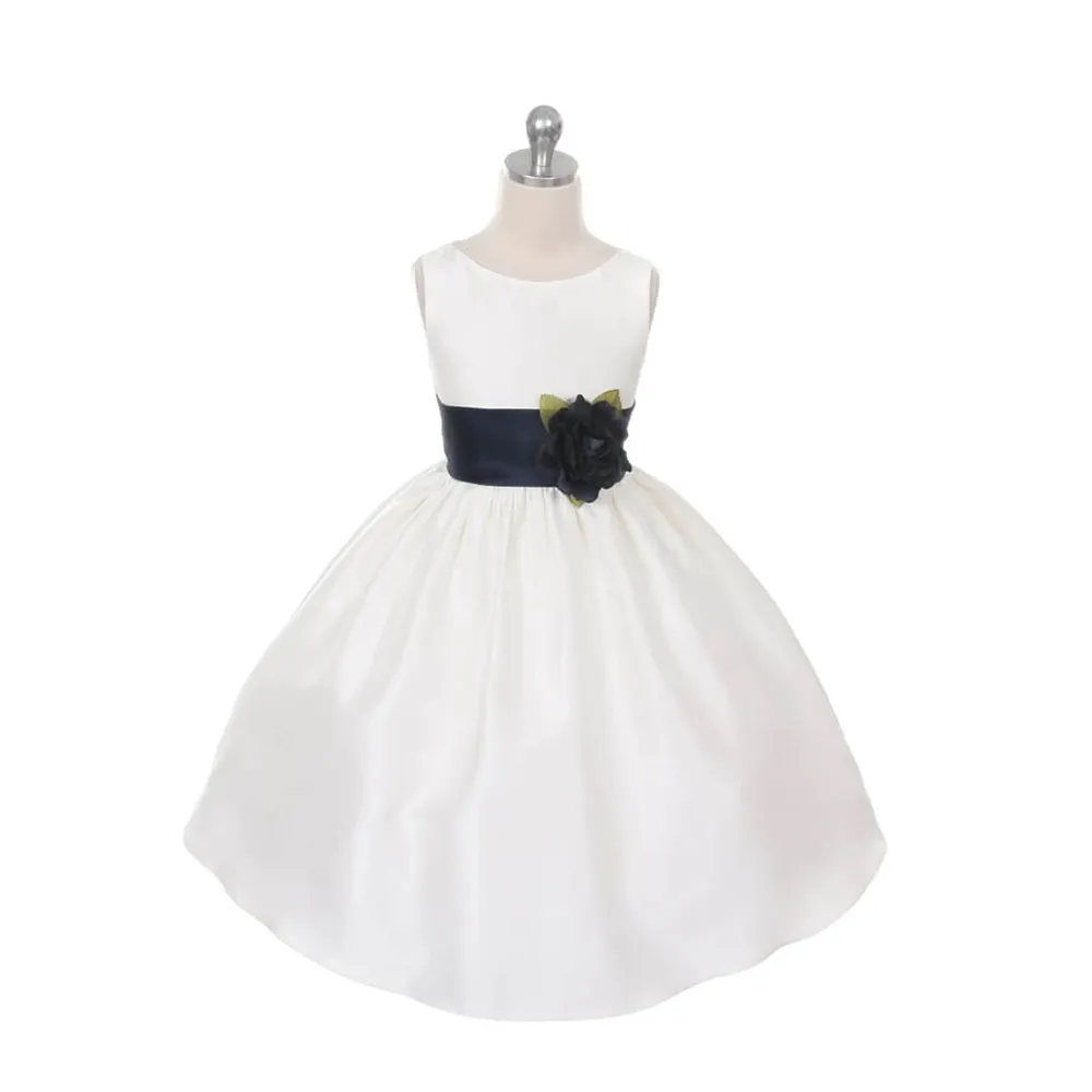 Morgan - Bridal Ivory or White - Navy Blue Sash and Flower