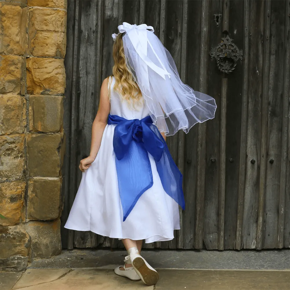 Morgan - Bridal Ivory or White - Navy Blue Sash and Flower