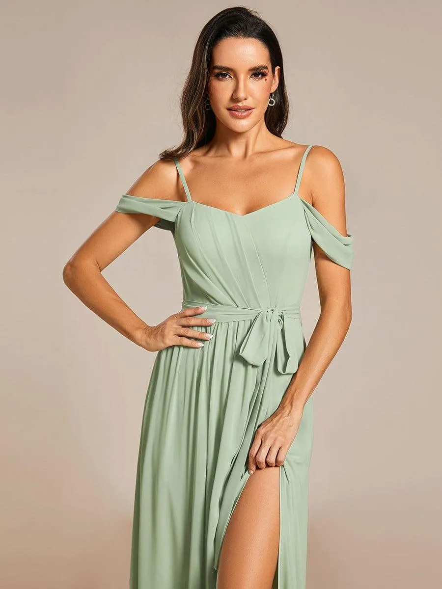 Mousseline de soie V - neck spaghetti bretelles haute jupe de demoiselle d'honneur à fourche
