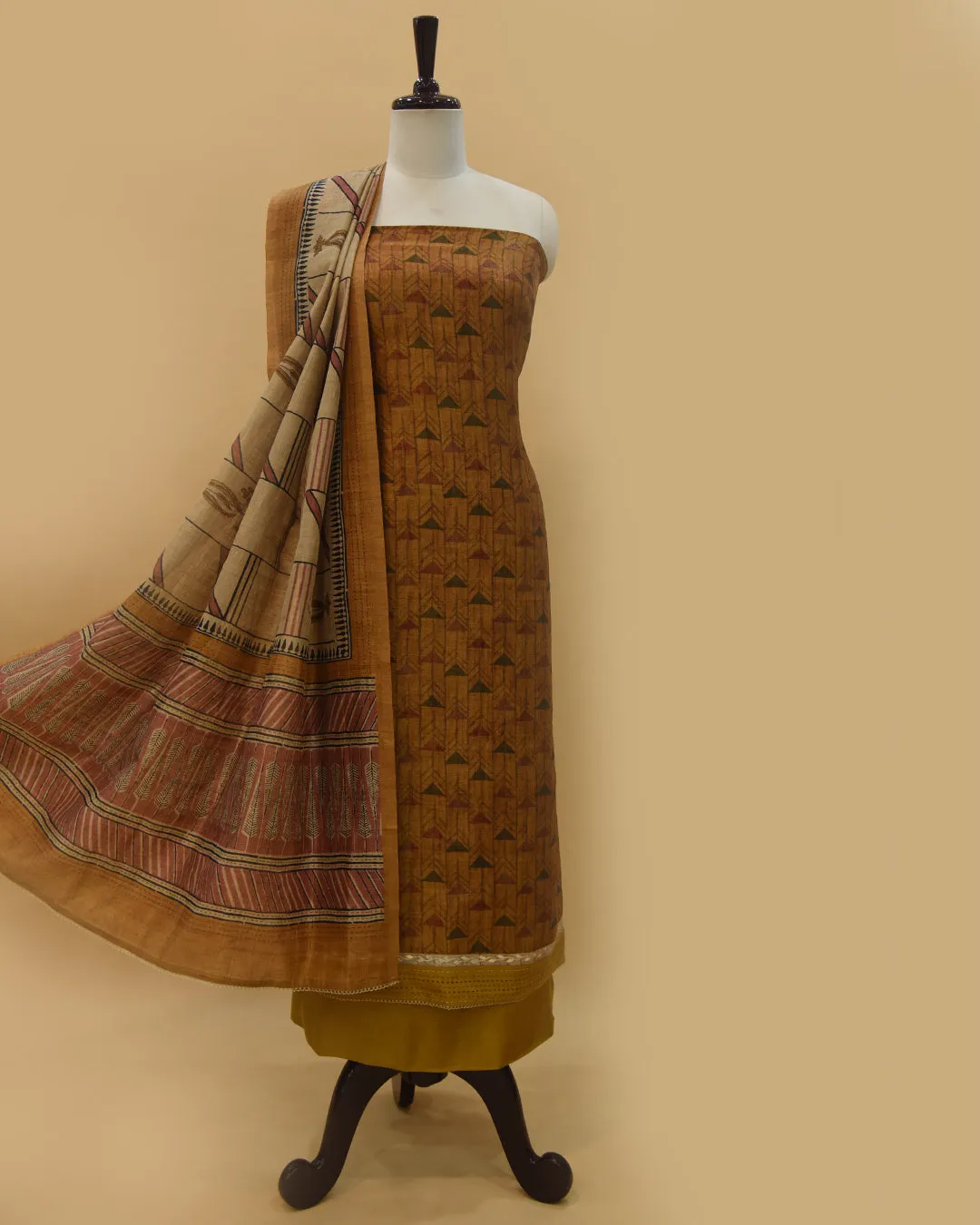 Mustard Chanderi Silk Blend Printed With Embroidery Unstitched Suit Fabric Set With Chanderi Printed Dupatta