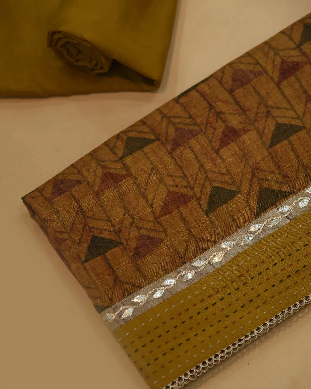Mustard Chanderi Silk Blend Printed With Embroidery Unstitched Suit Fabric Set With Chanderi Printed Dupatta