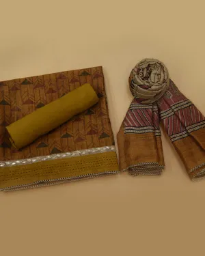 Mustard Chanderi Silk Blend Printed With Embroidery Unstitched Suit Fabric Set With Chanderi Printed Dupatta