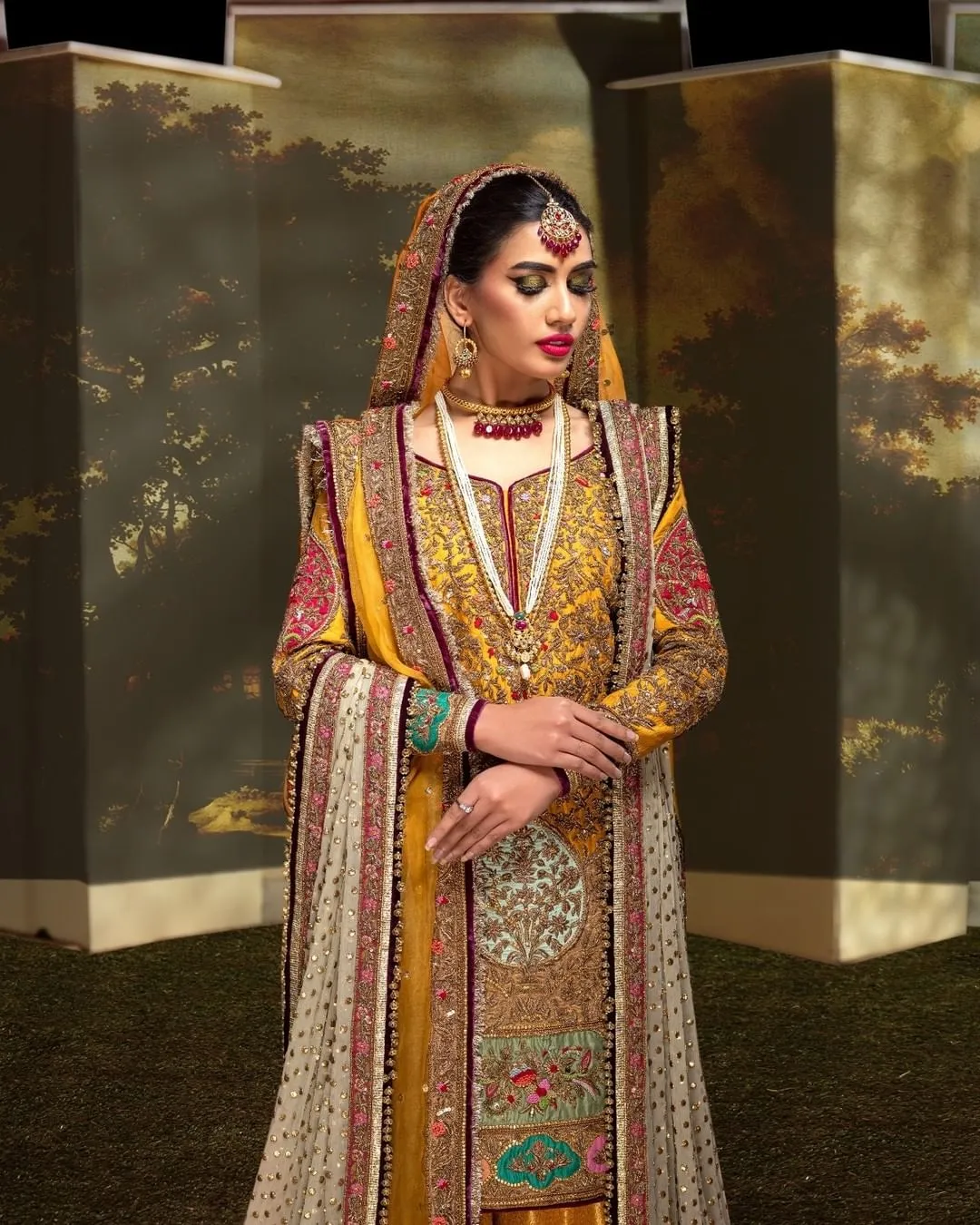 Mustard Jamawar Sharara Kameez Pakistani Bridal Dress