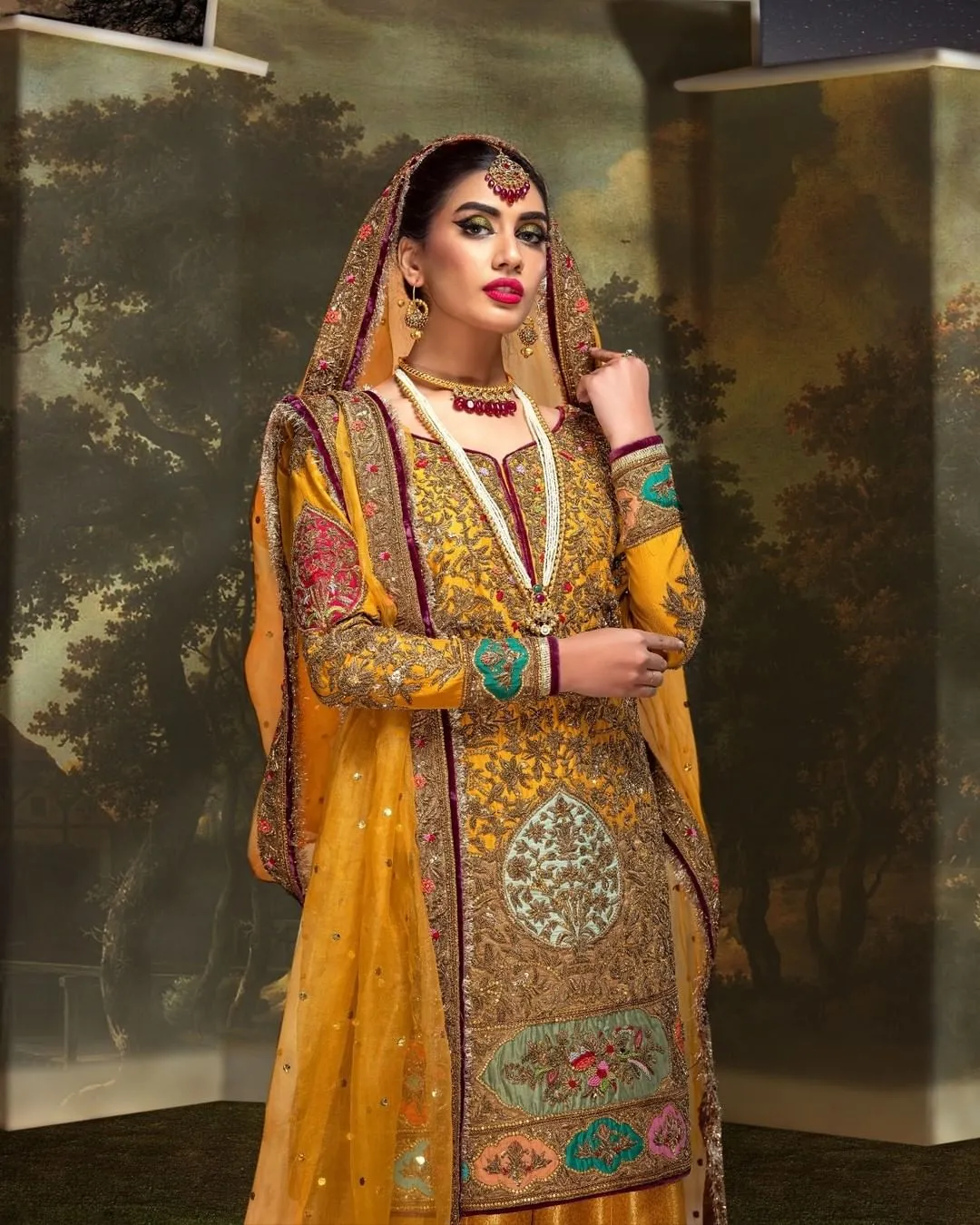 Mustard Jamawar Sharara Kameez Pakistani Bridal Dress