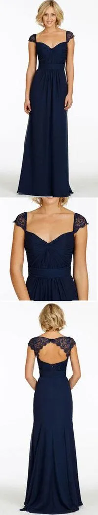 Navy Blue Cap Sleeve Chiffon Lace Backless Sweetheart Bridesmaid Dresses, MB181