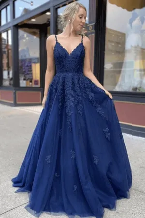 Navy Blue Tulle Lace A-line V-neck Prom Dresses, Long Formal Dresses, MP642