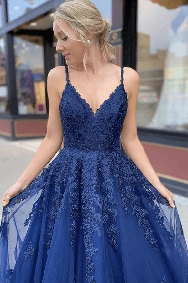 Navy Blue Tulle Lace A-line V-neck Prom Dresses, Long Formal Dresses, MP642