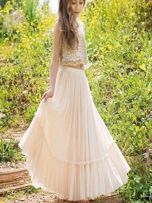 New 2 Pieces Sequin Top Blush Pink Chiffon Skirt Flower Girl Dresses. FG059
