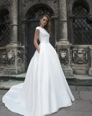 New 2019 Satin Wedding Dresses with Pockets Modest Cap Sleeve A-line Bridal Gowns