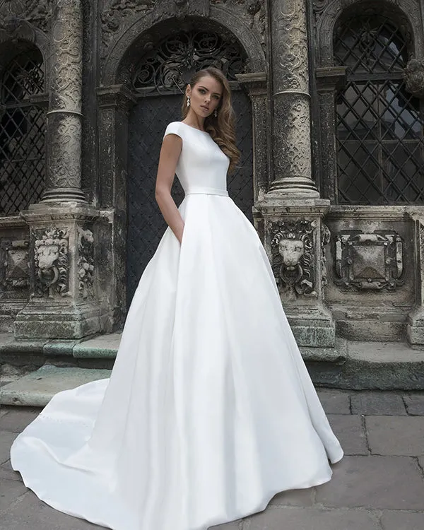 New 2019 Satin Wedding Dresses with Pockets Modest Cap Sleeve A-line Bridal Gowns