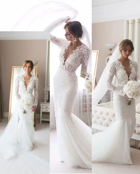 New 2020 Lace Mermaid Wedding Dress Full Sleeve Sheer Deep V-neck Lace Bridal Gowns Tulle Train
