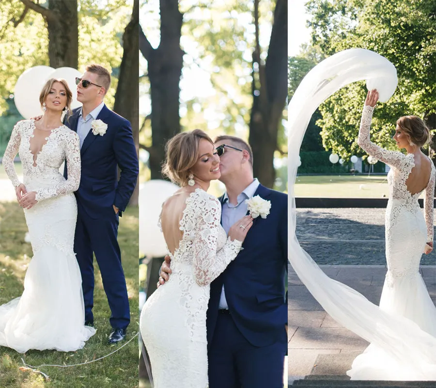 New 2020 Lace Mermaid Wedding Dress Full Sleeve Sheer Deep V-neck Lace Bridal Gowns Tulle Train