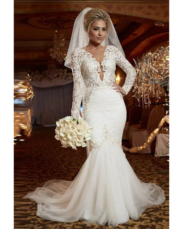 New 2020 Lace Mermaid Wedding Dress Full Sleeve Sheer Deep V-neck Lace Bridal Gowns Tulle Train