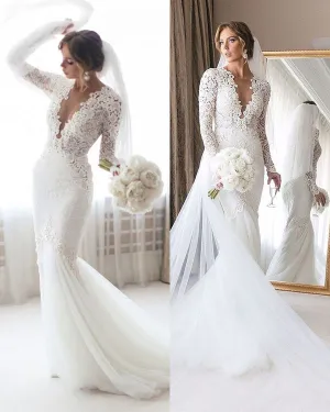New 2020 Lace Mermaid Wedding Dress Full Sleeve Sheer Deep V-neck Lace Bridal Gowns Tulle Train