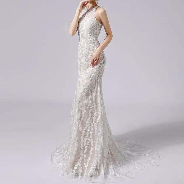 New hanging neck waist fishtail slim lace wedding dress