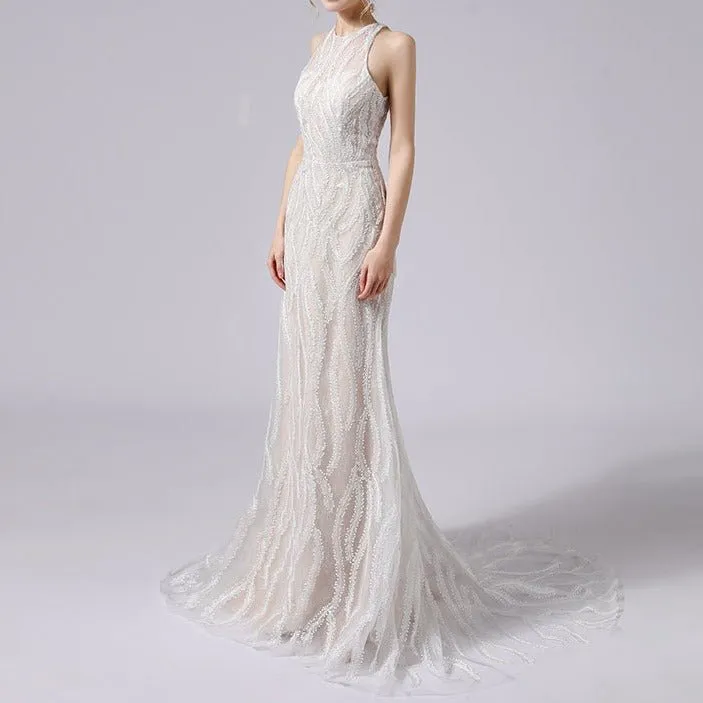 New hanging neck waist fishtail slim lace wedding dress