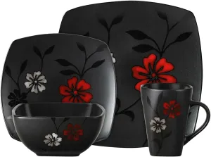 New in box! Gibson 16-Piece Dinnerware Set, Evening Blossom, Black! Retails $231 