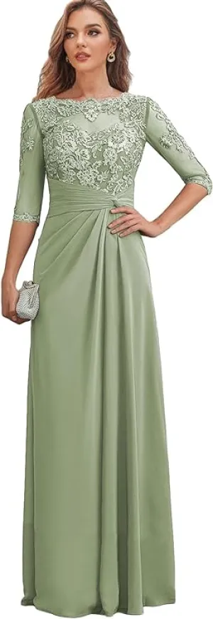 NEW Women's Lace Mother of The Bride Dresses with Sleeves Long Formal Dress for Wedding Chiffon Evening Gown, Sage Green, Sz 14, Retails $130