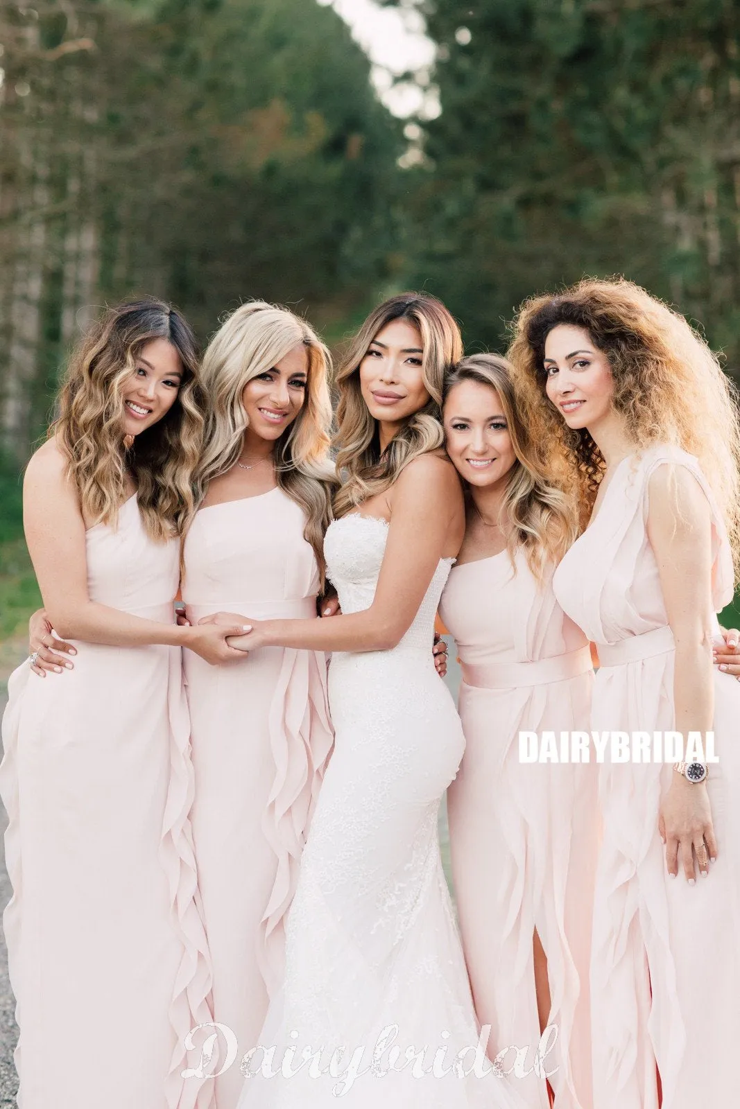 Newest A-line Pink One Shoulder Slit Long Bridesmaid Dress, FC4906