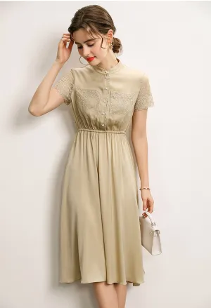 Nicola  Cap Sleeve Elastic Waist Embroidered Silk Dress
