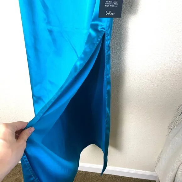 NWT Lulus Easy Radiance Satin Slip Maxi Dress Sleeveless Leg Slit Gown Teal Blue