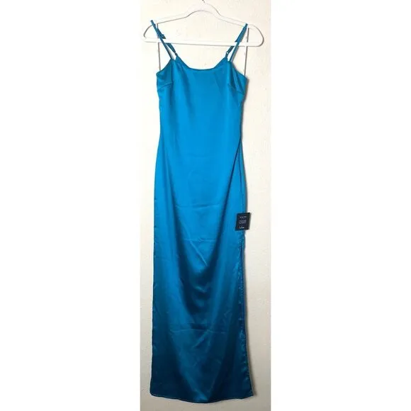 NWT Lulus Easy Radiance Satin Slip Maxi Dress Sleeveless Leg Slit Gown Teal Blue
