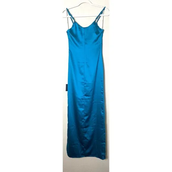 NWT Lulus Easy Radiance Satin Slip Maxi Dress Sleeveless Leg Slit Gown Teal Blue