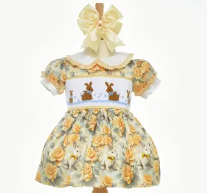 Ocean Baby Vintage Bunny Smocked Lemon Rose Petticoat Layered Dress (NB-8Yrs)
