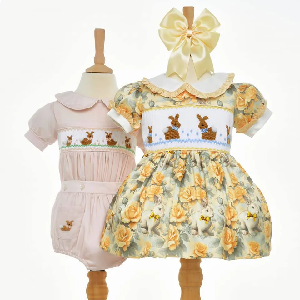 Ocean Baby Vintage Bunny Smocked Lemon Rose Petticoat Layered Dress (NB-8Yrs)