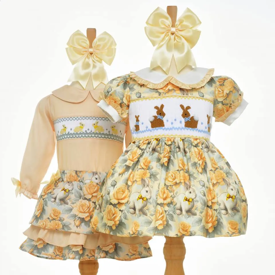 Ocean Baby Vintage Bunny Smocked Lemon Rose Petticoat Layered Dress (NB-8Yrs)