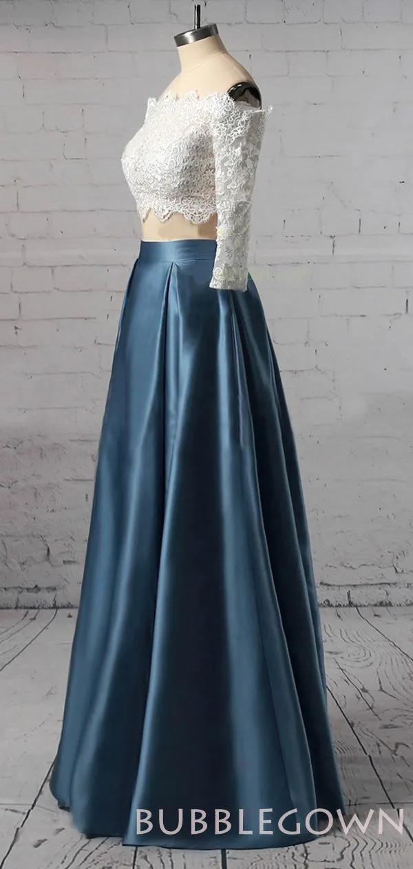 Off Shoulder A-line Satin Lace Long Two Pieces Evening Prom Dresses With Pocket , MR8084