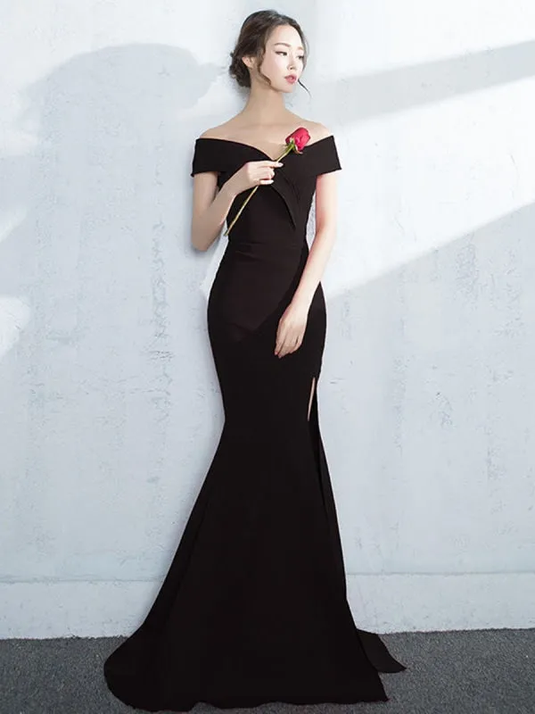 Off Shoulder Mermaid Burgundy/Navy Blue/Black Satin Long Prom with Slit, Burgundy/Navy Blue/Black Mermaid Formal, Evening