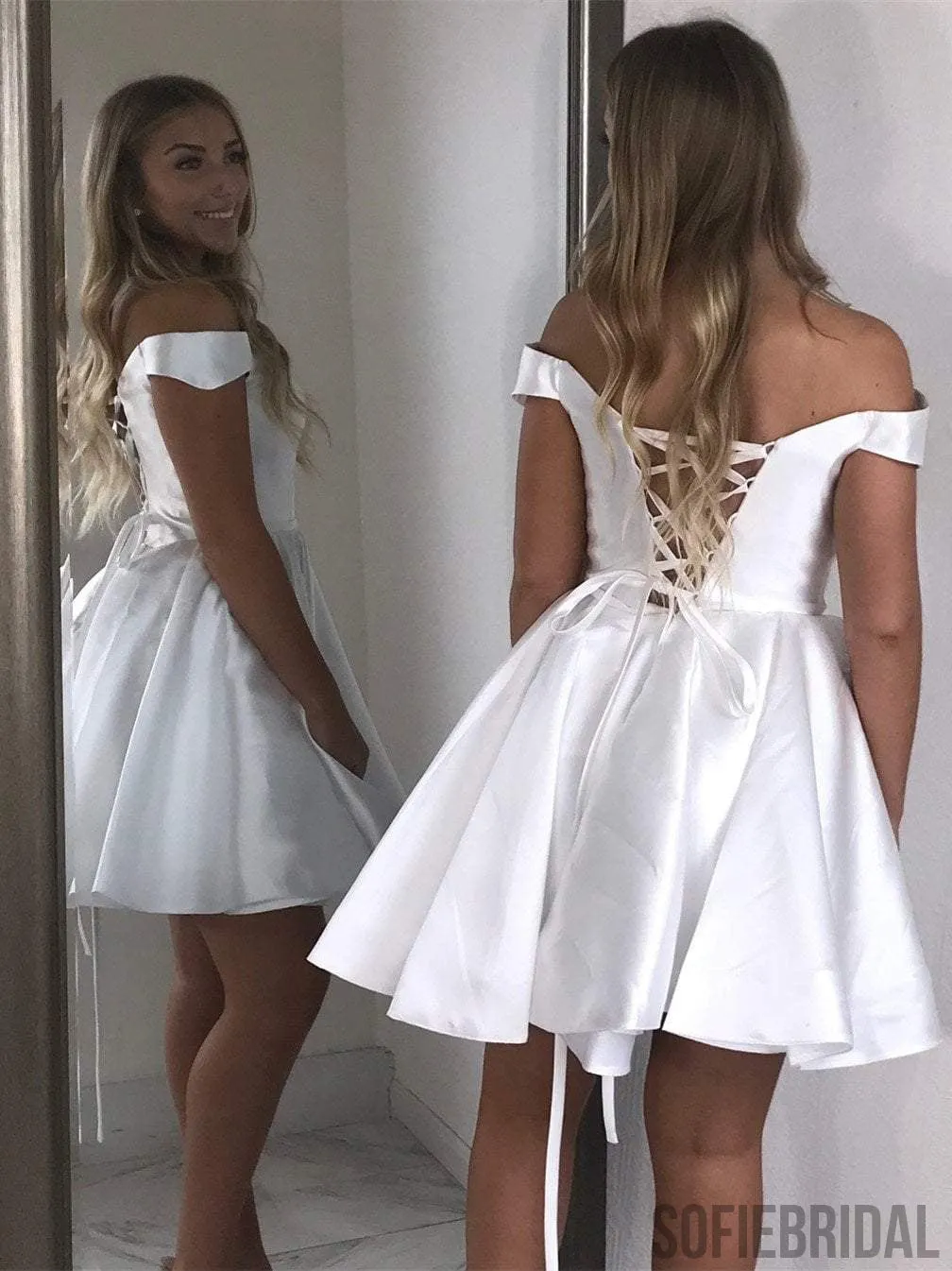 Off Shoulder Satin Homecoming Dresses, Lace Up Homecoming Dresses, Homecoming Dresses, CM504