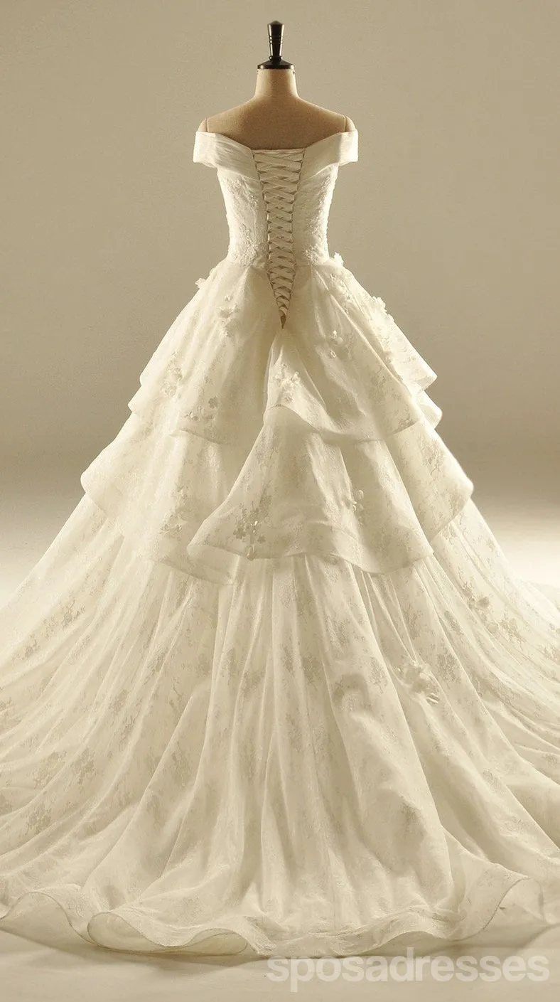 Off Shoulder V Neckline Lace Long Tail Wedding Dresses, Custom Made Wedding Dresses, Cheap Wedding Gowns, WD219