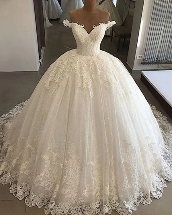 Off The Shoulder Lace Wedding Dresses with Appliques 2019 V-Neck Tulle Bridal Gowns