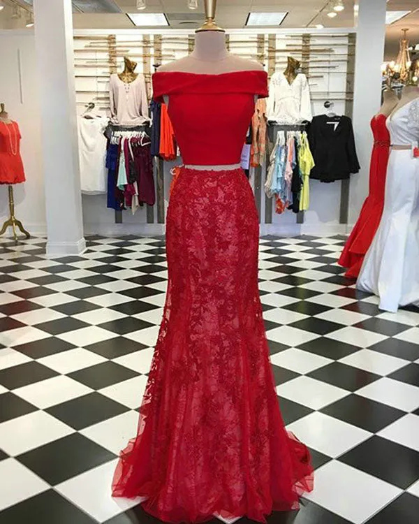 Off The Shoulder Mermaid Prom Dresses with Lace Two Piece Formal Evening Gowns 2018