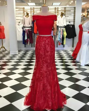 Off The Shoulder Mermaid Prom Dresses with Lace Two Piece Formal Evening Gowns 2018