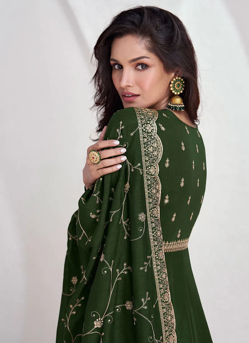 Olive Green Sequence Embroidery Anarkali Gown With Dupatta