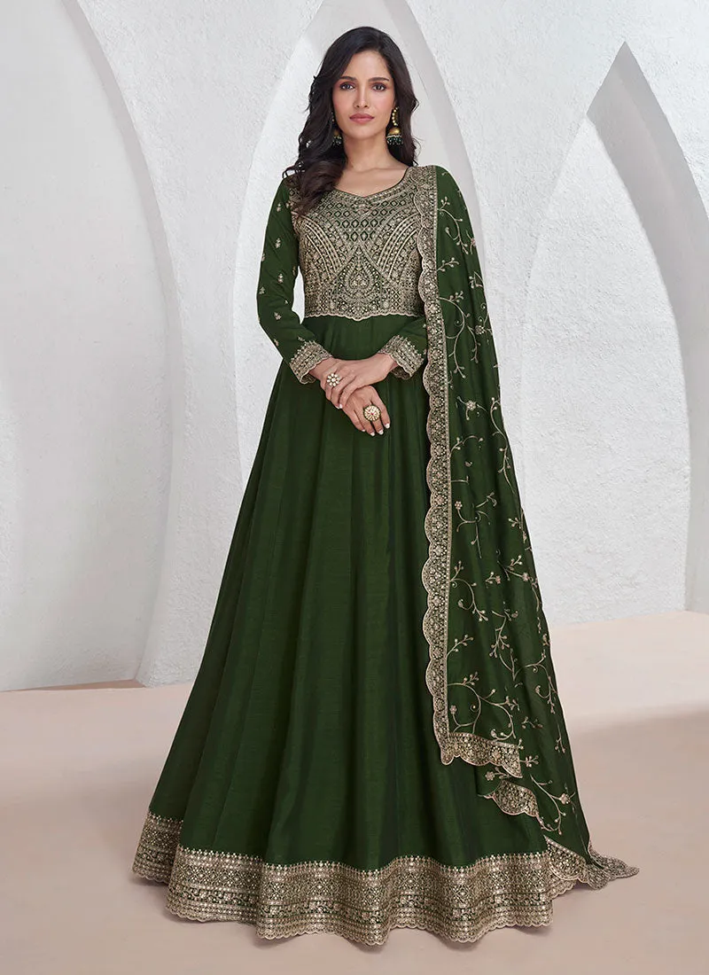 Olive Green Sequence Embroidery Anarkali Gown With Dupatta