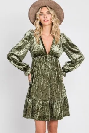Olive Velvet Long Sleeve Flutter Dress