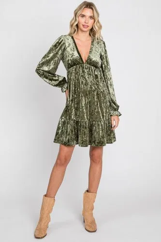 Olive Velvet Long Sleeve Flutter Dress