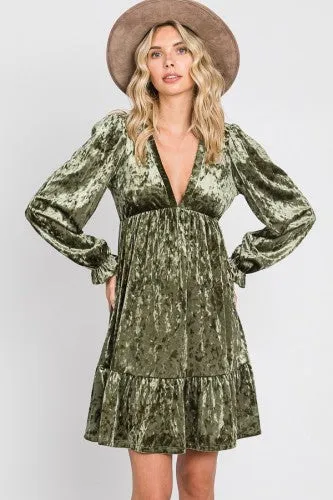 Olive Velvet Long Sleeve Flutter Dress